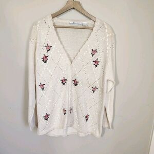 Vintage Ivory Embroidered Cardigan Sweater Floral Ribbon Romantic Cottagecore L